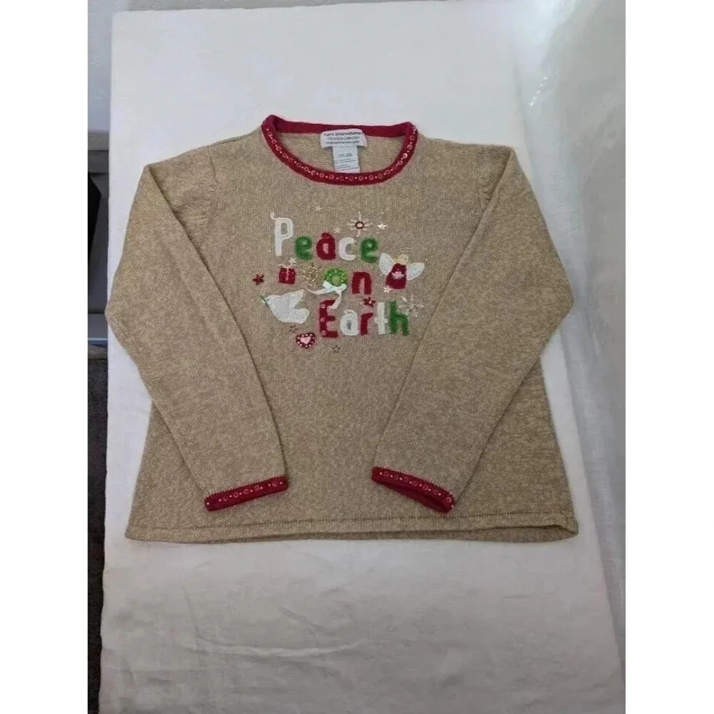 Peace on Earth Holiday knit sweater, sequins, beads, tan with red detail T5